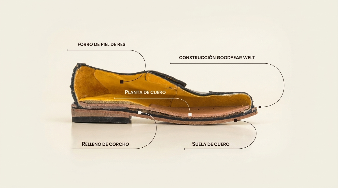Corte transversal de un zapato Monaco mostrando la construcción Goodyear Welt por dentro
