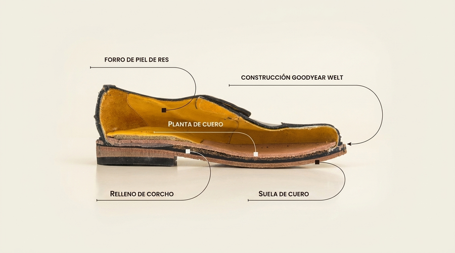 Corte transversal de un zapato Monaco mostrando la construcción Goodyear Welt por dentro